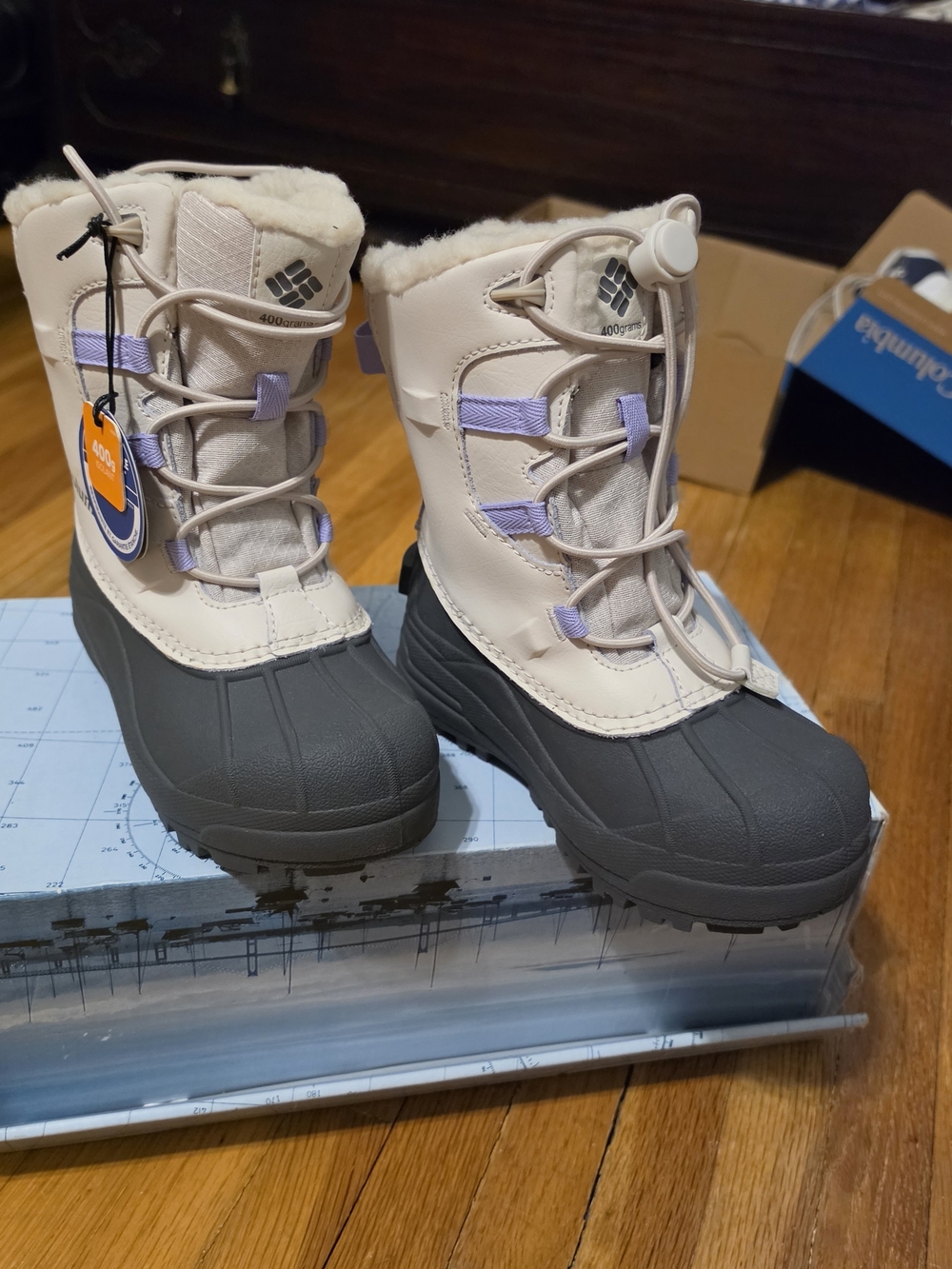 Columbia Kids Cream and Gray Waterproof Snow Boots with Lavender Accents